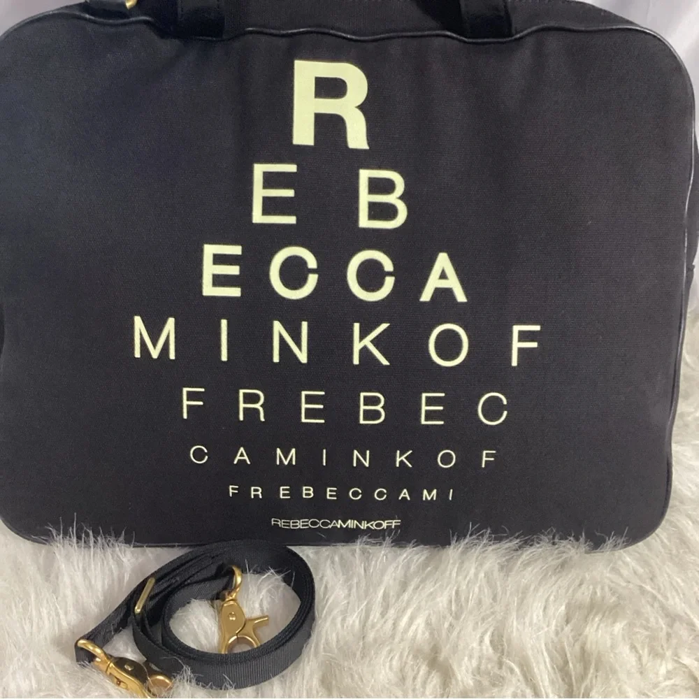 Rebecca Minkoff Eye Sight Chart Padded Black Canvas Messenger Laptop Shoulder Ba